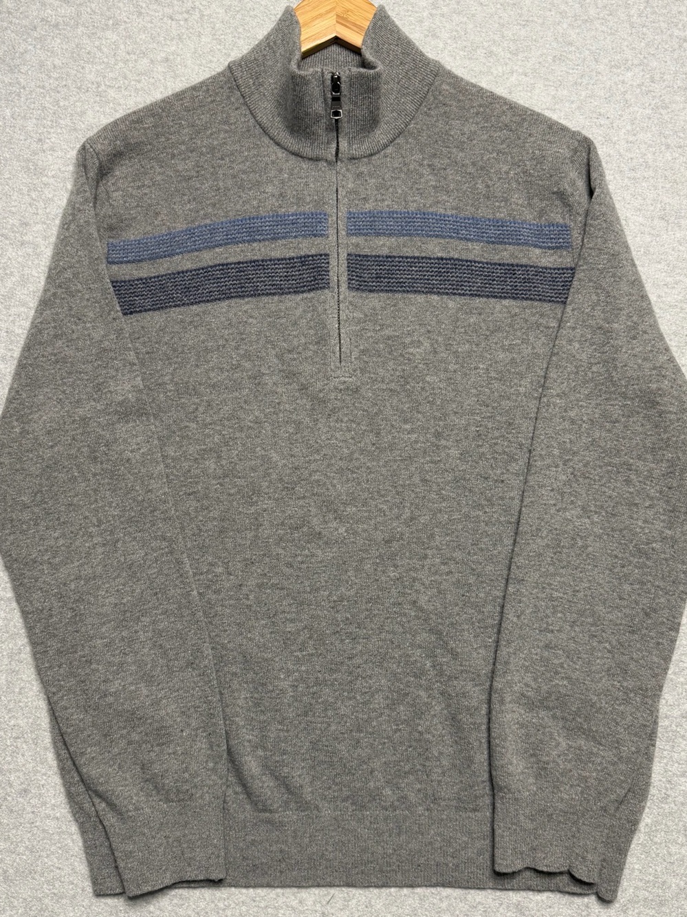 Banana Republic Men’s Large Merino Wool 1/4 Zip Sweater Italian Yarn Gray Stripe